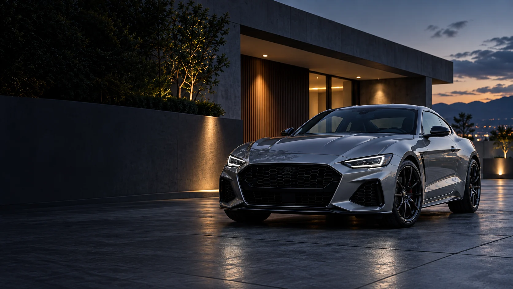 A silver car outside a contemporary showroom at dusk.